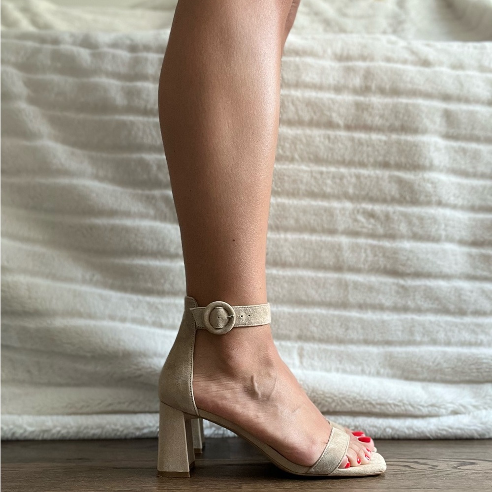Steve Madden nude suede, low block heel sandal with ankle strap and square toe.